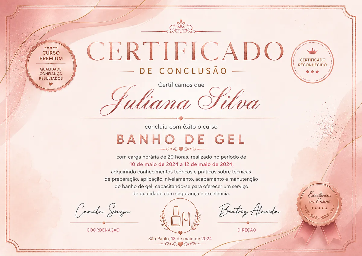 Certificado de conclusão do curso de Banho de Gel