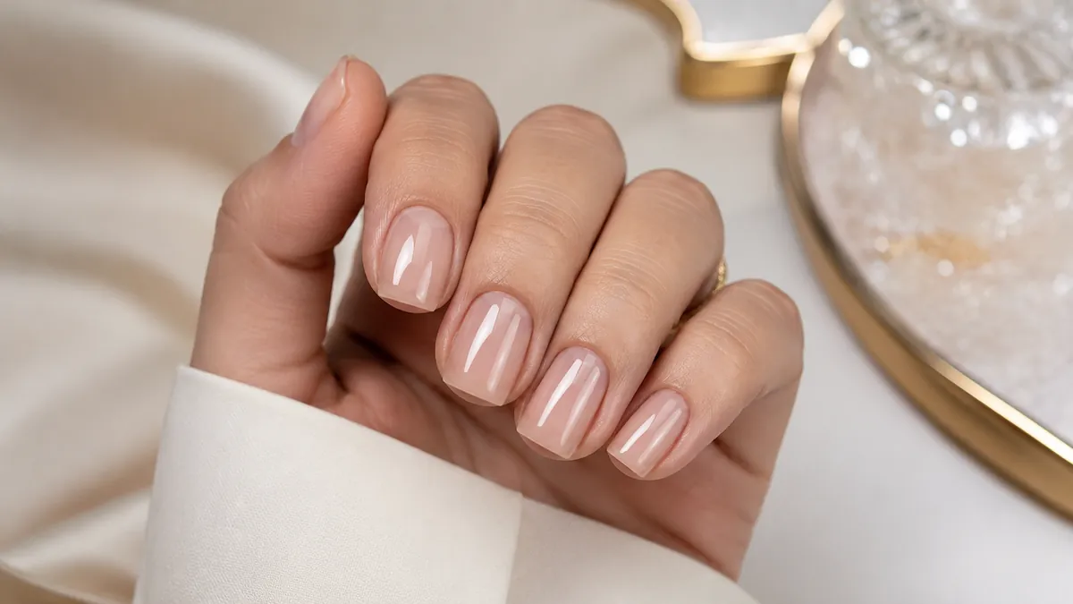Mão com esmaltação em gel nude brilhante